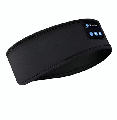 Black Bluetooth earphones integrated into a sports sleeping headband with control buttons visible on the headband's fabric.