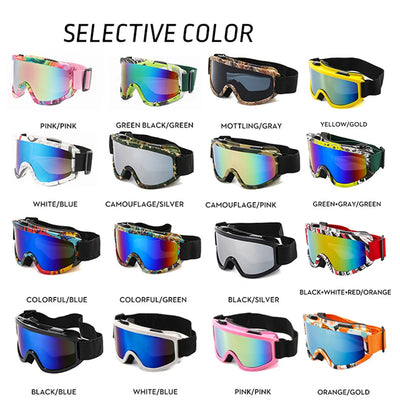 A selection of large frame ski goggles with colorful lenses, displayed in multiple rows. The goggles come in various colors including pink, green, yellow, white, black, and orange.