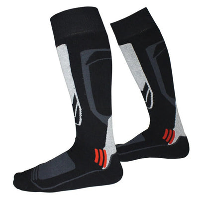 A pair of thermal winter cotton ski socks with gray, black, and red color scheme, designed for warmth and comfort during cold weather activities.